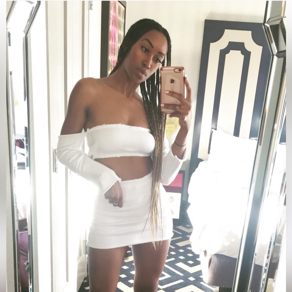 White Two-Piece Off-Shoulder Crop Top and Mini Skirt Set - Matte Brand